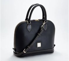 Dooney & Bourke Pebble Leather Zip Zip Satchel - QVC.com Disney Dooney, Dooney & Bourke Bag, Black Satchel, Gold Bag, Key Hook, Black Pebbles, Dooney Bourke Handbags, Satchel Purse, Dooney & Bourke