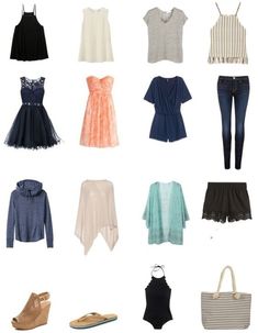 a bunch of clothes and shoes are arranged on a white background with text that says what to wear in the summer