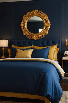 a bed with blue and yellow comforter in a bedroom next to a mirror on the wall