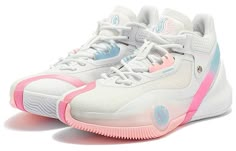 a pair of white sneakers with pink and blue accents on the upper part of the shoe