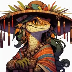 a drawing of a lizard wearing a hat with feathers and beads on it's head