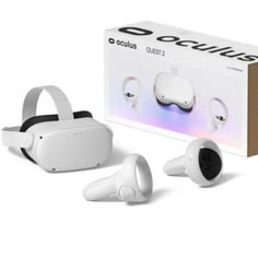 the new oculus headset and earpieces are shown in front of an open box