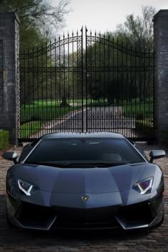 a black sports car parked in front of a gated driveway with an iron fence