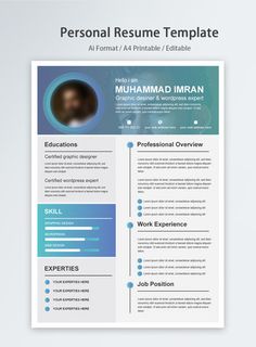 a professional resume template with blue accents on the front and back cover, is shown