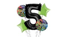 the number five balloon bouquet is filled with black and green balloons, including an assortment of cartoon characters