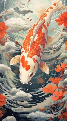 a painting of a koi fish in the water surrounded by clouds and orange flowers