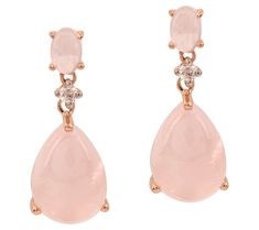 Add a touch of elegance to your look with these dangle earrings in a beautiful 14K rose gold-plated setting. The pear and oval cabochons of rose quartz are complemented by the sparkle of round-cut white zircon, all held securely with prong settings for a sophisticated finish. Perfect for pierced ears, these earrings are sure to become a cherished part of your jewelry collection. From Affinity® Gems. K Rose, Crystal Belt, Oval Cabochon, Rose Gold Plates, Prong Setting, Ear Piercings, Rose Quartz, Jewelry Collection, Sparkle