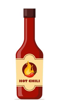 Spicy sauce in red bottle. Ketchup, hot tomato and chili sauce in bottle, red chili pepper and yellow fire on label. Vector illustration. Sauce Illustration, Jar Games, Chile Colorado, Bottle Drawing, Red Chili Peppers, Pencil Drawings Easy, Tomato Ketchup, Chilli Sauce, Spicy Sauce