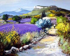 an oil painting of a lavender field with mountains in the background and a stream running through it