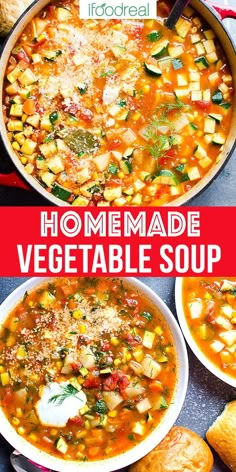 vegetable soup in a pot with bread on the side and text overlay that reads, vegetable soup healthy easy - to - hearty