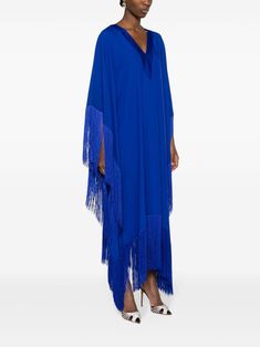 Find TALLER MARMO Very Rs Fringed Kaftan Dress on Editorialist. royal blue crepe texture satin trim fringe detailing kaftan silhouette plunging V-neck long draped sleeves V-back asymmetric hem long length unlined Fringe Kaftan Dress, Evening Kaftan With Tassels, Blue V-neck Kaftan For Party, Royal Blue Long Kaftan, Blue Formal Kaftan, Elegant Blue Kaftan For Formal Occasions, Traditional Blue Kaftan For Evening, Traditional Blue Evening Kaftan, Blue V-neck Kaftan For Evening