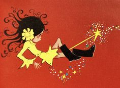 a painting of a woman holding a wand with stars coming out of her legs and hair