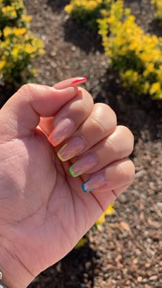 Nail Ideas Rainbow Tips, Clear Nails With Coloured Tips, Colorful French Tip Nails Dip, Multicolored Tips Nails, Different Color Tips Nails Acrylic, French Colors Nails, Colored Tips Nails Square, Bright Colored Tips Nails, Colourful French Tips Nails