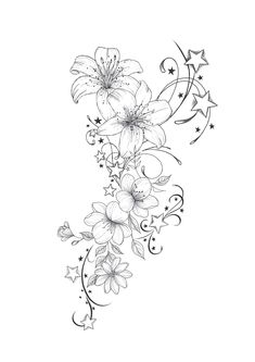 a black and white drawing of flowers with stars