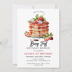 a birthday party card with pancakes and strawberries