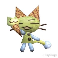 an animated character holding a stick and wearing a green outfit with black dots on it's face