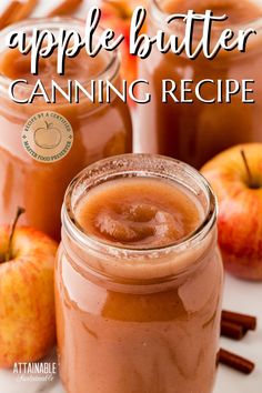 an apple butter canning recipe with apples in the background