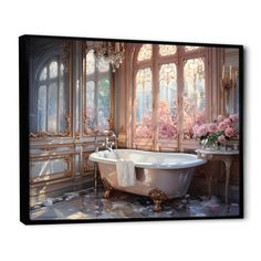 an old fashioned bathtub with pink flowers in front of large windows and ornate chandelier