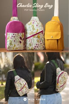 the back and side views of this bag are shown in three different colors, including pink, yellow, green, blue