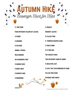 the autumn hike scaver hunt for kids is shown in this printable activity