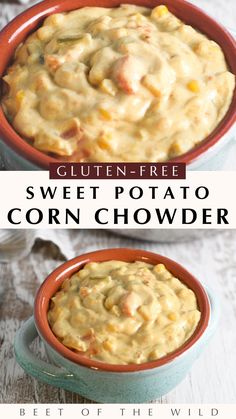 two bowls filled with sweet potato corn chowder