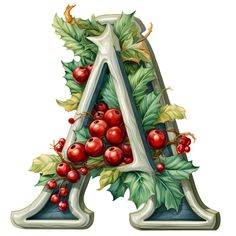 the letter a is decorated with holly and berries