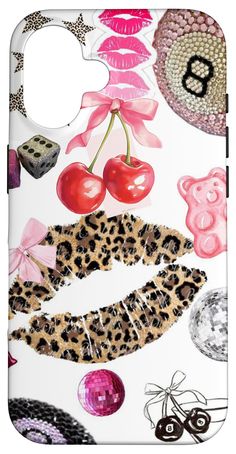 a cell phone case with an image of lipstick, cherries and other items on it