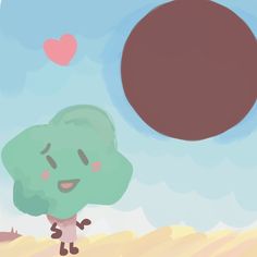 a cartoon character is standing in front of a large tree and heart shaped object on the ground