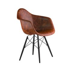 an orange chair with black legs on a white background