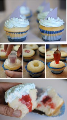 there are several pictures of cupcakes with icing and toppings on them