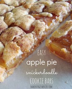 an apple pie is cut in half and ready to be eaten with the words easy apple pie snickerdoodle cookie bars