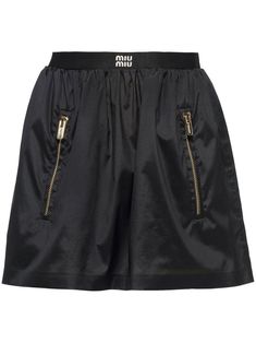 black silk logo print to the front front zip fastening pockets straight hem Miu Miu Runway, Silk Mini Skirt, Mini Skirt Black, Black Tweed, City Dress, Skirt Fits, Silk Shorts, Summer Beach Wear, Fitted Skirt