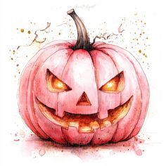 a watercolor painting of a pumpkin with glowing eyes