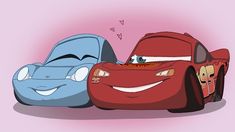 two cartoon cars one is red and the other is blue, both have faces on them