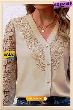 Lace Plain Party Blouse Summer V-neck Party Shirt, Spring Party Blouse Non-stretch, Spring Party Non-stretch Blouse, Spring V-neck Party Shirt, Casual Beige Blouse For Party, Beige Summer Party Blouse, Beige V-neck Blouse For Party, Beige V-neck Party Top, Beige V-neck Top For Party