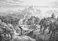 a drawing of a mountain scene with trees and birds