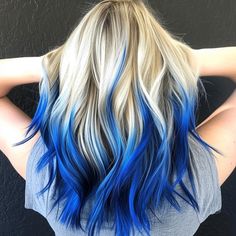 Blue Coloured Hair, Blue Blonde Balayage, Blonde And Dark Blue Hair, Blue Hair For Blondes, Blonde And Blue Highlights On Dark Hair, Blue And Blonde Hair Color, Blue And Blonde Hair Ideas, Dark Blue Tips Hair, Dark Blue Roots Blonde Hair