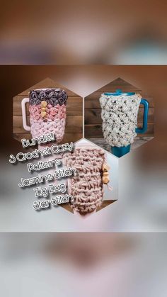 three crocheted coffee mugs are shown with the same pattern as they appear