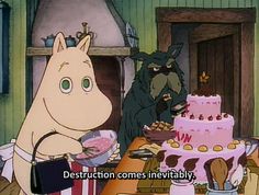 an animated image of two animals at a table with a cake