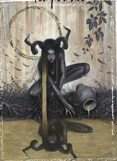 a painting of a woman with horns kneeling on the ground next to a black snake