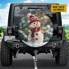 a snowman on the back of a jeep