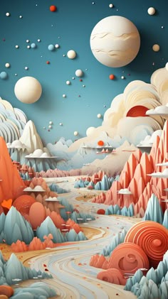 an abstract landscape with mountains and planets in the sky