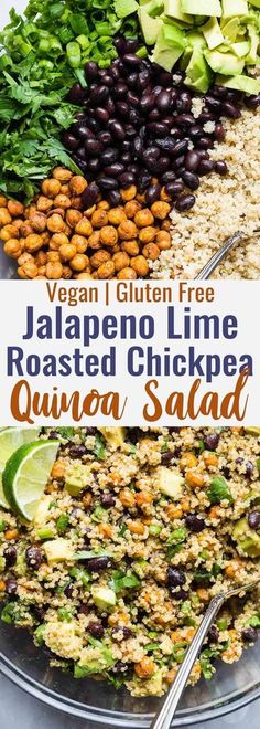 the ingredients for this vegan gluten free jalapeno lime roasted chickpea quisa salad