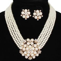 Rhinestone Pearl Flower Necklace with Clip On Earring Set For Women Bridal Prom #cheapnecklacesforwomen #necklacesforwomen Pearl Flower, Flower Necklace, Clip On, Clip On Earrings