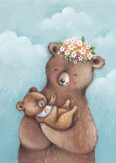 a painting of two bears holding each other in the air with flowers on their head