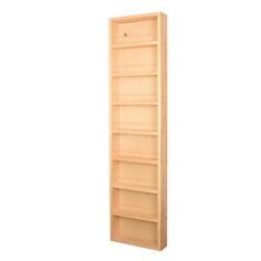 a tall wooden book shelf with three shelves on each side and one door open to the other