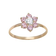 Ring Details: Width: 7.5 mm Size: 3 Metal: 14k gold Cubic Zirconia Details: Cut: round Color options: red & white, purple & white, pink & white Setting: prong  Gender: female. Age Group: kids. Gold Flower Ring, Man Made Diamonds, Rings For Girls, Pink Gemstones, Gold Flower, Delicate Rings, Flower Ring, Gold Flowers, 10k Gold