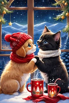 two dogs are playing with each other in front of a christmas scene, one is wearing a red hat and the other is holding his paw