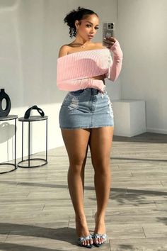 #skirt #pink #outfits #jean #blackgirl #longsleeve #fall #aesthetic #ideas #inspiration 26 Year Old Fashion Outfits, Blue Jean Skirt Outfits, Off Shoulder Crop Top, Cute Everyday Outfits, Baddie Outfits Casual, Shoulder Crop Top, Knit Crop Top, Washed Denim