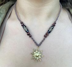 ~Length~ 16" - 18" inches  ~Sun symbol represents abundance, warmth, and new beginnings ~Each intricate knot and carefully chosen bead was crafted with positive energy and precision, making this piece a true work of art. Sun Symbol, Sun Charm, Gold Sun, Hemp Cord, Halloween Stuff, Bead Necklace, Necklace Gold, Positive Energy, Boho Jewelry